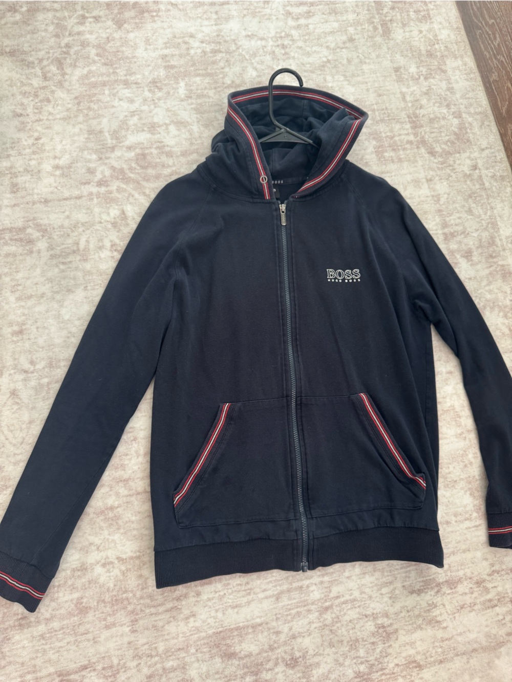 Hugo Boss Men's Black Zip-Up Sweater with Red Trim